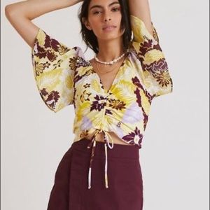BRAND NEW Anthropologie Maeve Cinched Flutter Sleeve Top Yellow Motif Size Small
